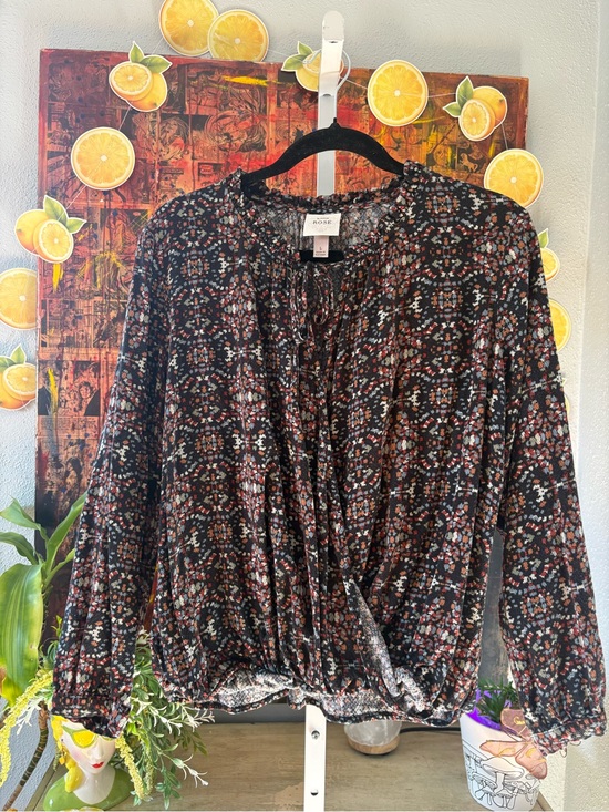 Knox Rose Tops - Knox Rose Black Floral Print Long Sleeve Blouse, L
